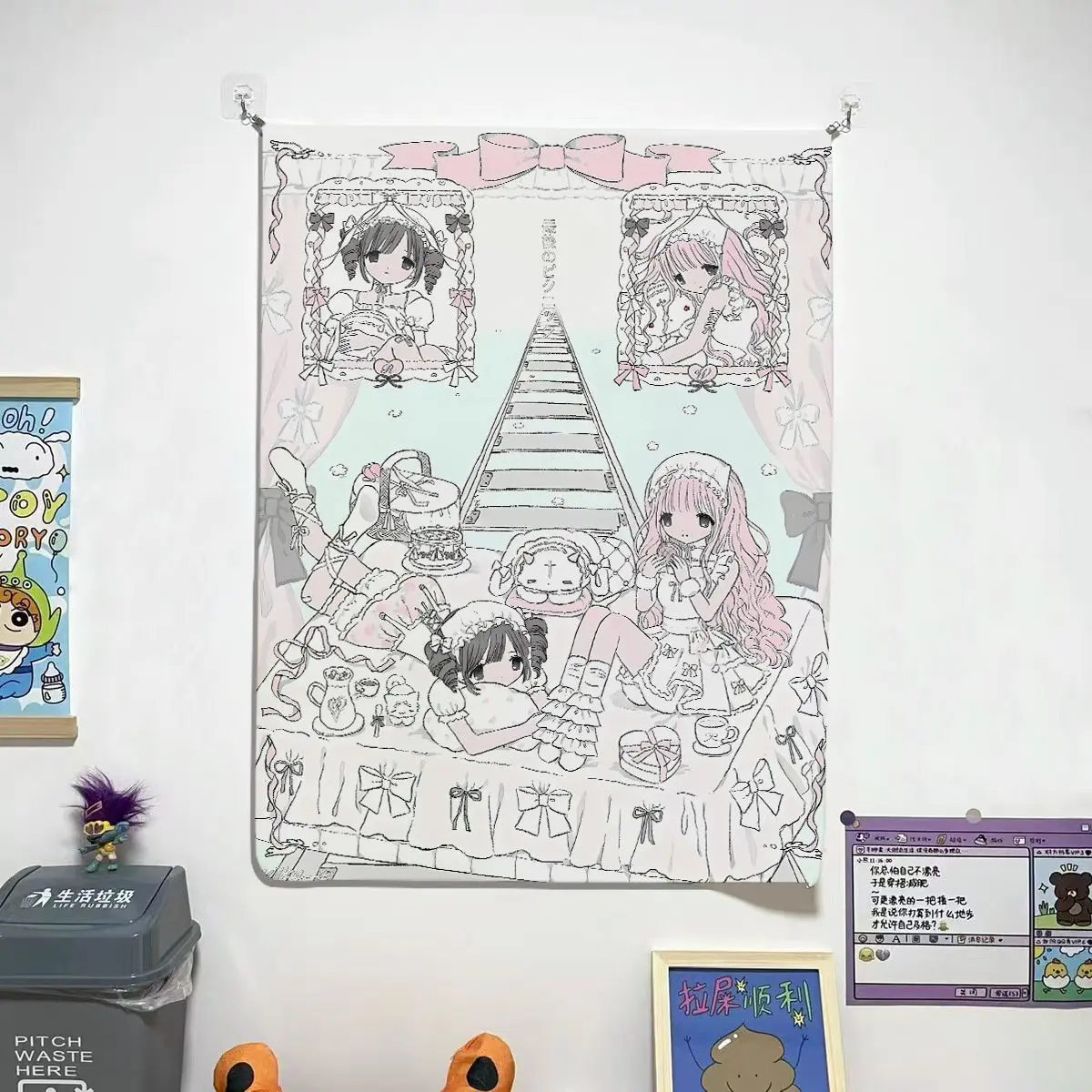 VIKAMA Vintage Lolita Girls Sketch Wall Tapestry Bow Ornament Wall Hanging Cute Line Drawing Dorm Bedroom Background Decor