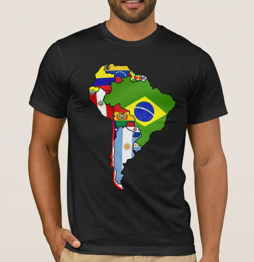 

Flag Map of South American Countries T-Shirt 100% Cotton O-Neck Summer Short Sleeve Casual Mens T-shirt Size S-3XL
