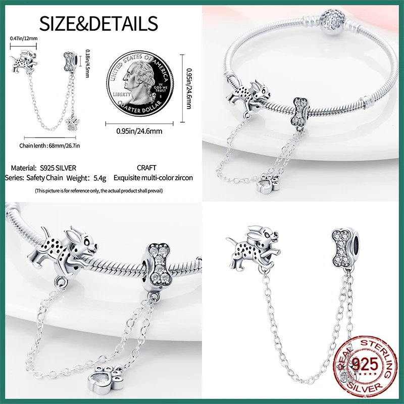 925 Silver Stars Moon Kittens puppies Safety Chains Spacer Beads Charms Fit Pandora 925 Original Bracelet DIY Women Jewelry Gift