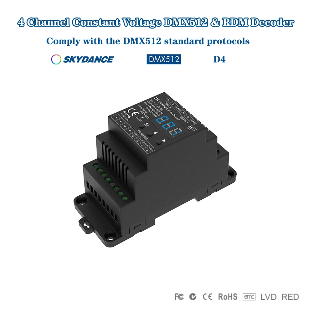 Skydance D4 4CH Tegangan Konstan DC12V-48V 20,5A 4CH RDM DMX512 Dekoder Sinyal Dimmer untuk Tunggal/Ganda Warna RGB RGBW Strip LED