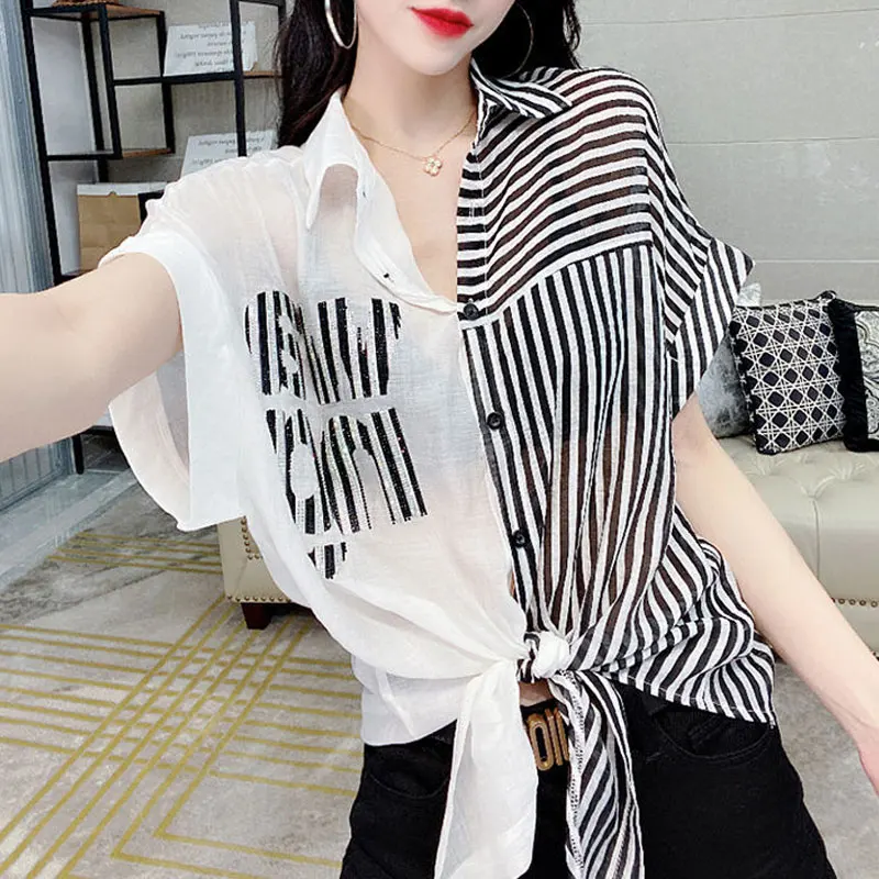 Streetwear Fashion Striped Spliced Blouse Women\'s Clothing Chic Diamonds Summer Single-breasted Casual Polo-Neck Bandage Shirt