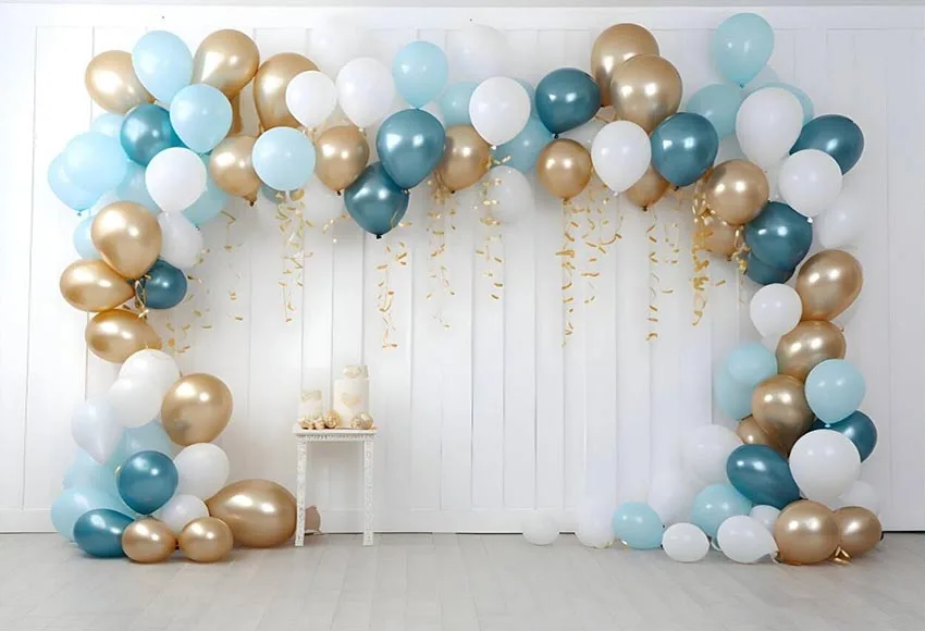 Mehofond-大人の写真の背景、誕生日パーティー、結婚式、ポートレート、背景、写真スタジオ、青と金の風船、白い部屋