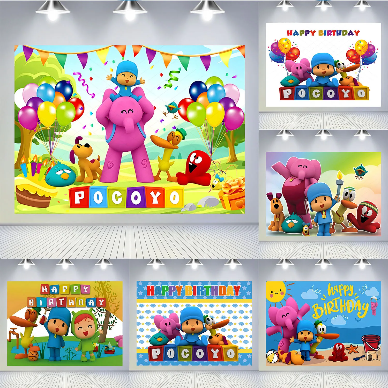 

Cute Blue Doll Pocoyos Backdrop Kids Birthday Party Background Children Movie Banner Vinyl Photography Decoration Props