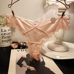 French Satin Sexy Women's Thongs Temptation Lace Embroidery Hollowed Panties Soft Thin Cotton Crotch Breathable Briefs Lingerie