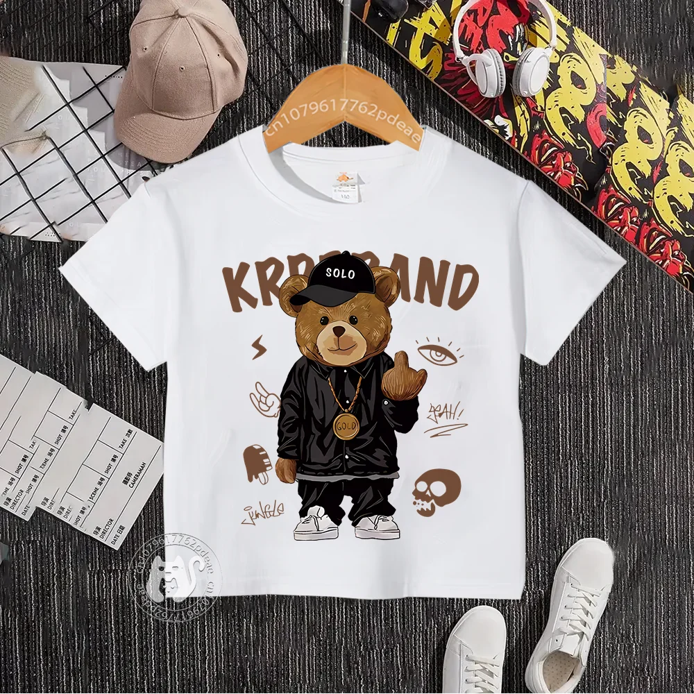 Kids Summer 100% Cotton T-shirt Boys Girls Baby Bear Print Crewneck Short Sleeve Teen Comfort Harajuku Top Cotton T-shirt top