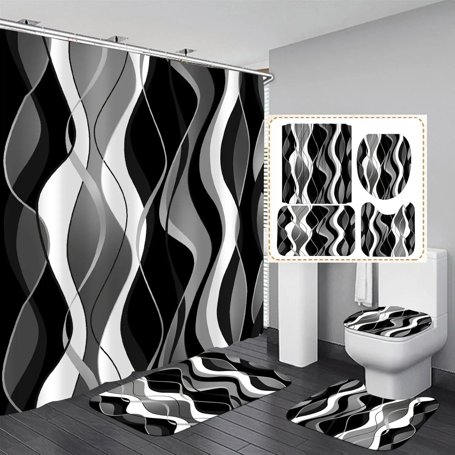 

4Pcs Black and White Striped Shower Curtain Set Black and Grey Bathroom Sets with Shower Curtain and Rugs Modern Home Bathroom