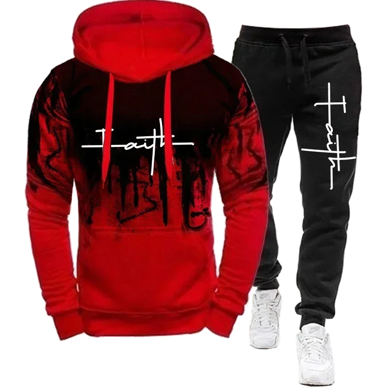 

Fashion trend originality Faith Print Autumn Winter Men Casual Tracksuit Men Sweatshirts and Sweatpants 2 Pieces Sets Sportswear