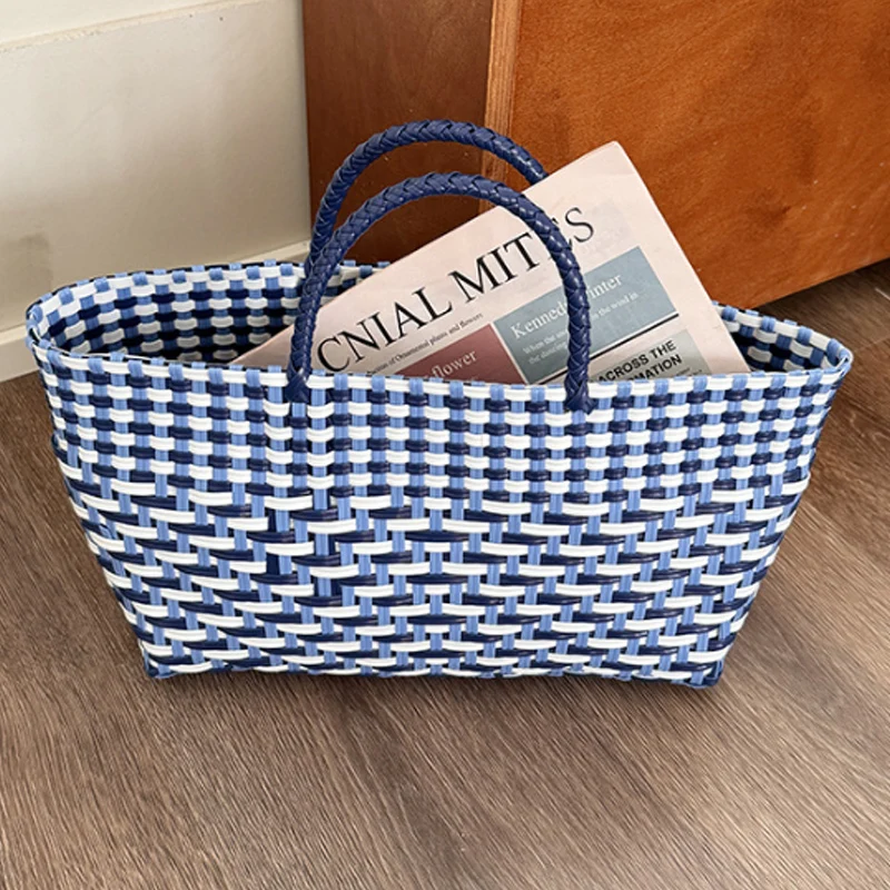 

Plastic Woven Women's Handbag Handmade Bohemia Storage Basket Contrast Tote Bag Designer Summer Beach Bag Female Shoulder Bags