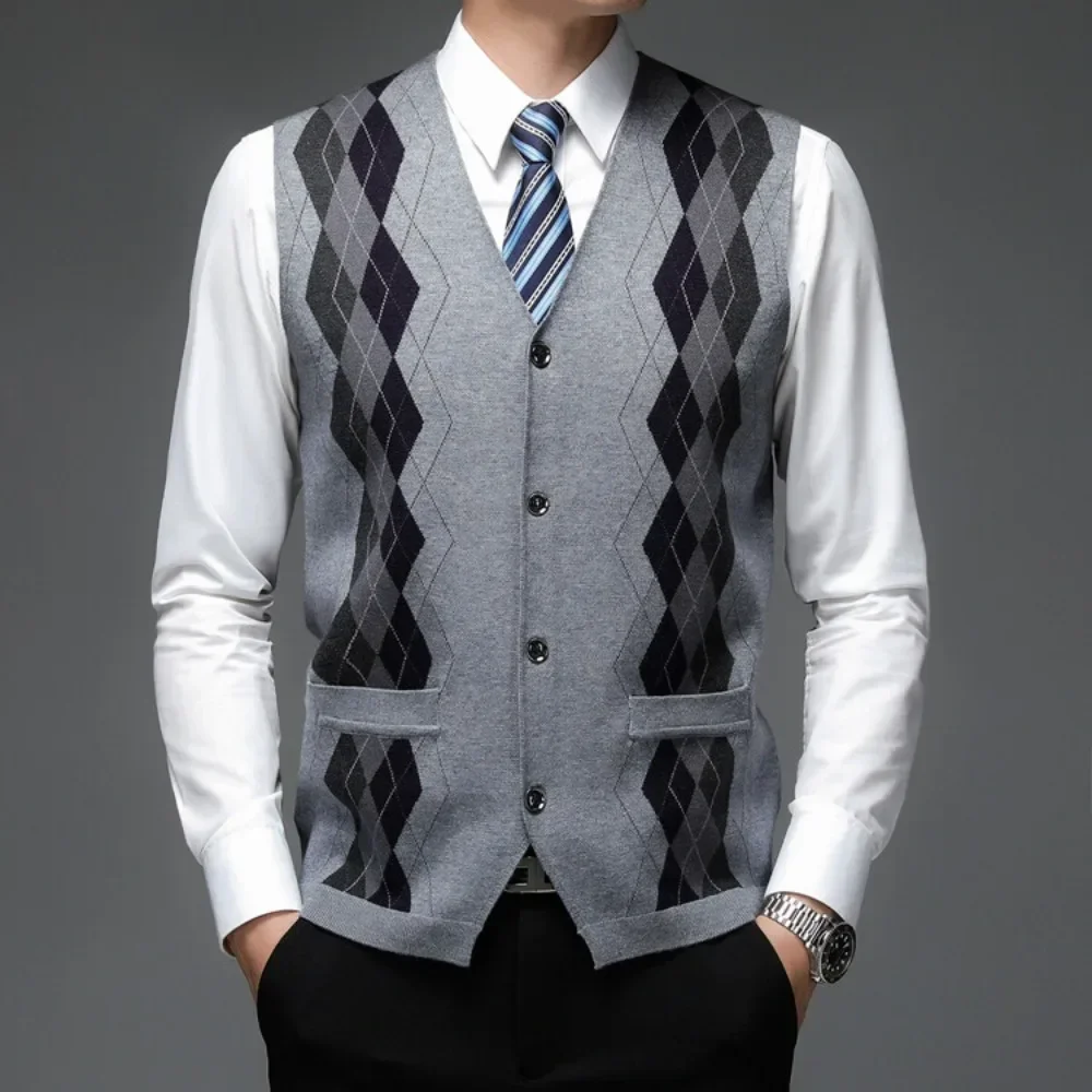 2025 Men\'s Business Casual Pullover Wear Warm Sleeveless Wool Knitted Cardigan Sweater Vest Tops