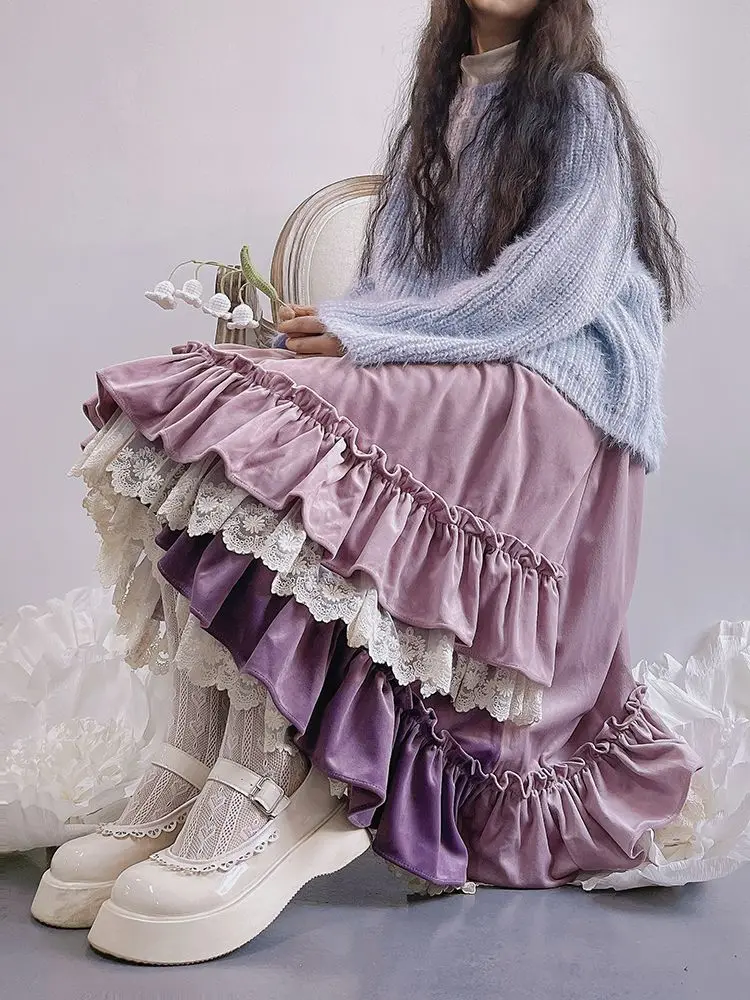 

Winter Thick Sweet Faldas Mujer Irregular Elegant Long Skirt Japanese Style Kawaii Women Skirts Lace Ruffles Autumn