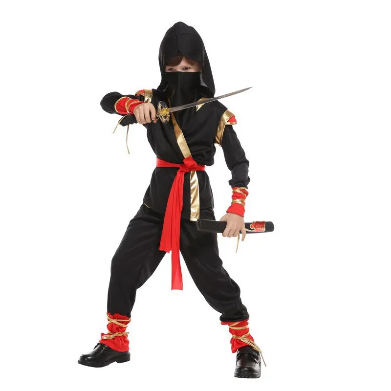 

2025 Halloween Boys Kids Ninja Costume Cosplay Set Hooded Costume Kids Fancy Birthday Party Red Sword Gift Dress Up