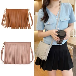 New Fashion Women's Tassels Crossbody Bag PU Leather Solid Color Shoulder Bucket Bags Zipper Messenger Bag Trendy Travel Handbag