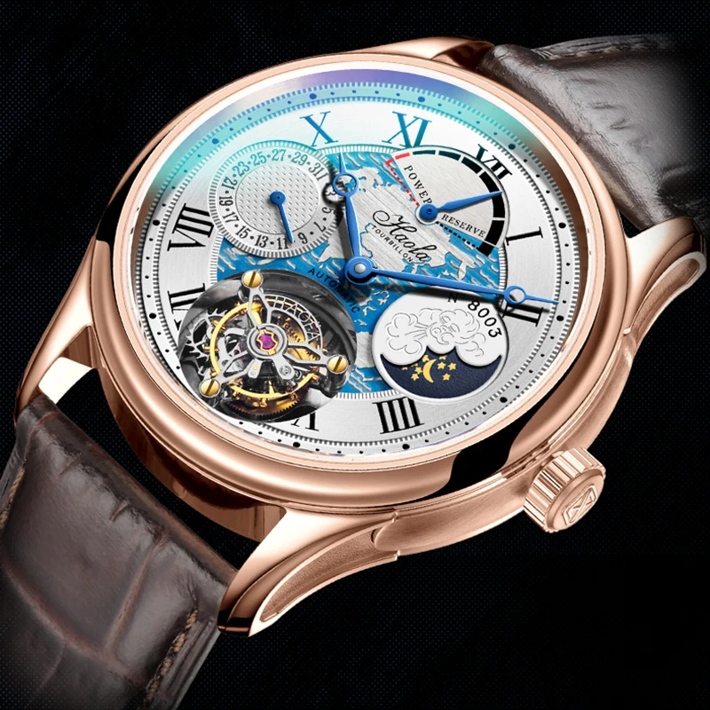 

Haofa автоматические механические часы с турбийоном для мужчин, календарь фаз Луны, сапфировый блок питания, универсальный циферблат, мужские часы 8003