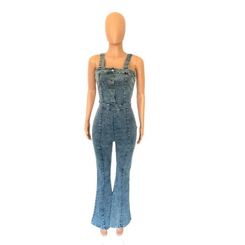 Women High Waist Button Half-open Suspenders Denim Jumpsuit Flared Jeans Female Casual Backless Zipper Splice Rompers Streetwear