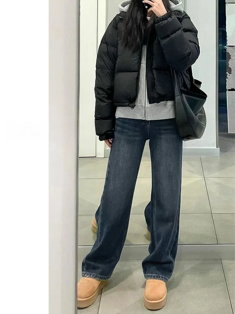 plus Size Fce Lined Thi Denim Pants Women Winter Pear aped Body Loose Slim High Waist Straight Leg Wide Leg Pants