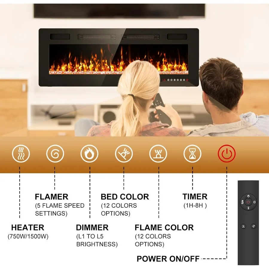 50 مدفأة كهربائية مثبتة على الحائط مع شاشة تعمل باللمس للتحكم عن بعد لغرفة المعيشة الحديثة وغرفة النوم أو