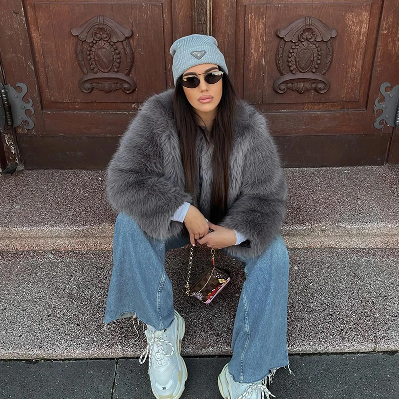 Neo Mint Street Fashion Girls Gray Fluffy Short Faux Fox Fur Jacket Women Winter 2024 Hot Brand Thick Warm Eco Fur Coat Female