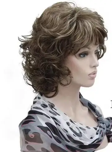 Peruca Curta Castanho Escuro e Loira Curly Natural para Mulheres, Perucas de Cabelo Sintético Camadas Sem Capess, 5 Cores