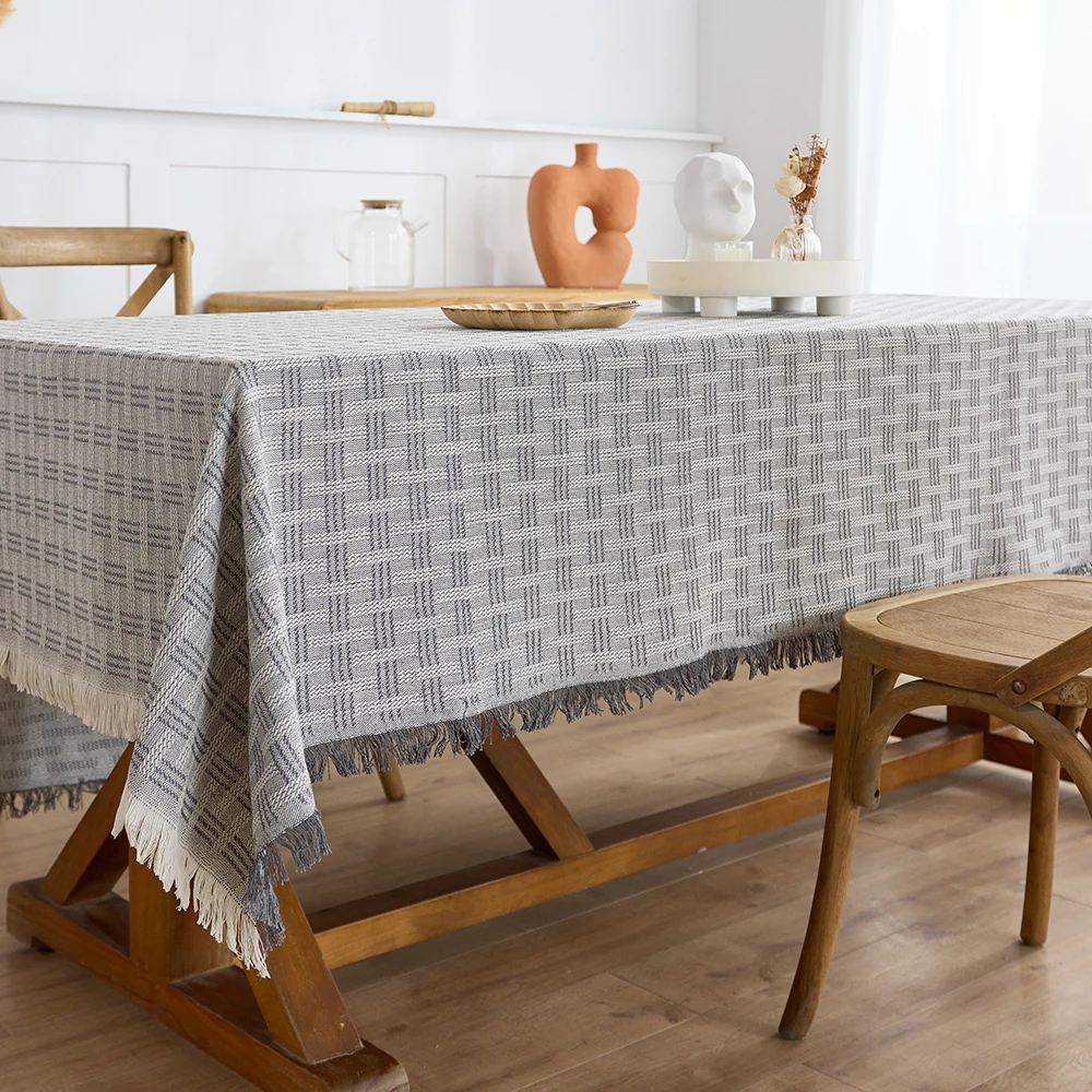 Autumn Cotton Linen Tablecloth Farmhouse Tablecloths Grey  Burlap Table Covers with Tassel for Kitchen Dinning Picnic Wedding