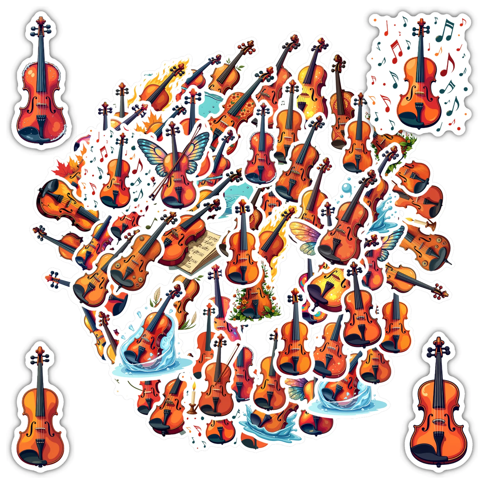35pcs-70pcs Artistic Violin Stickers Cartoon Instruments Kids Stickers Toy PVC Sticker For Suitcase Fridge Phone Luggage DIY