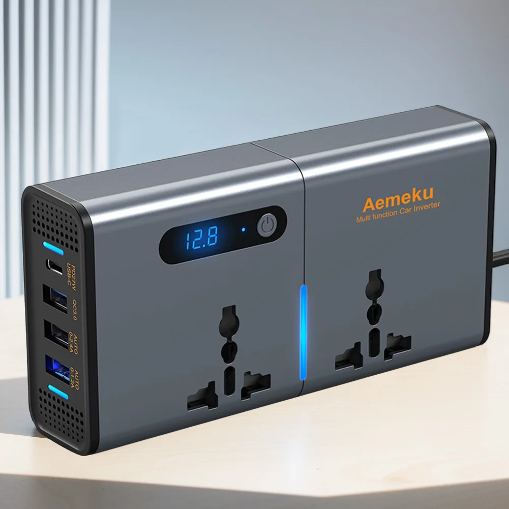 12 فولت/24 فولت إلى التيار المتناوب 220 فولت محول تلقائي نوع-C USB شحن سريع مقبس الشاحن شاشة ديجيتال سيارة العاكس محول الطاقة 4 منفذ USB