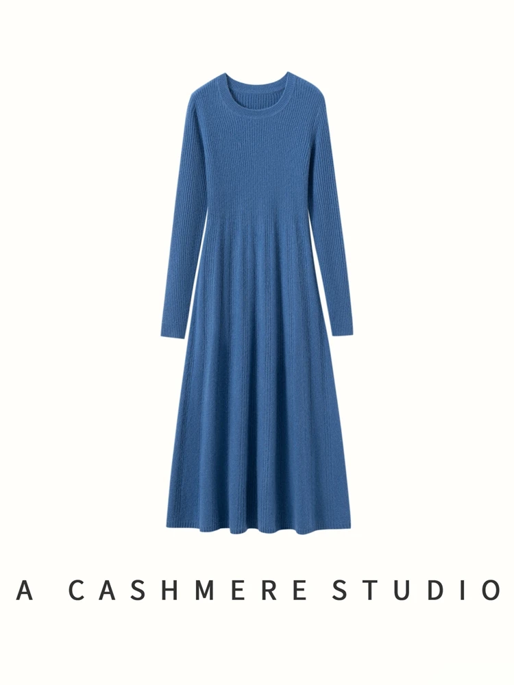 

Women's Cashmere Sweater Dress O-neck Pullover Slim A-Line Dress 100% Cashmere Knit Autumn Winter Striped Jacquard Skirt Clothes