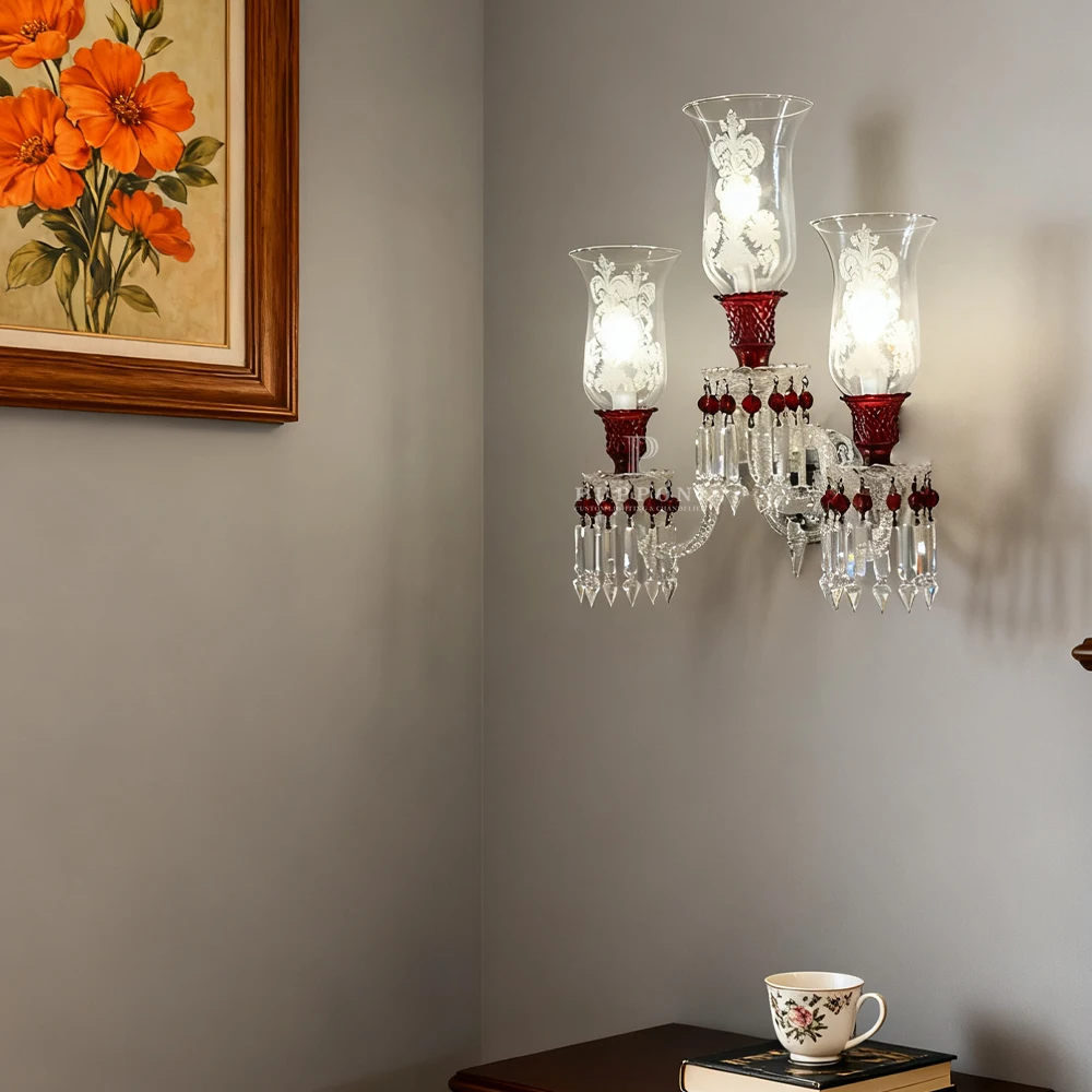 European Style Crystal Wall Lamp Vintage 3-Light Sconce with Red Accents for Bedroom Living Room Luxury Home Decor Lighting