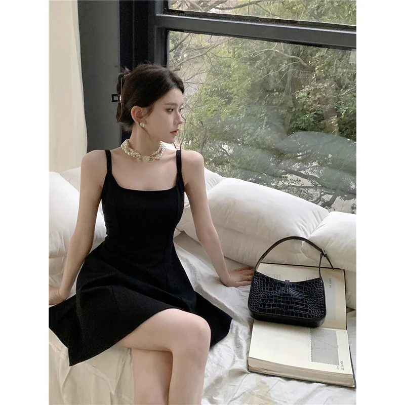 2025 Summer Black Square-Neck Petite A-Line Mini Dress with Charming Strapless Design for Women
