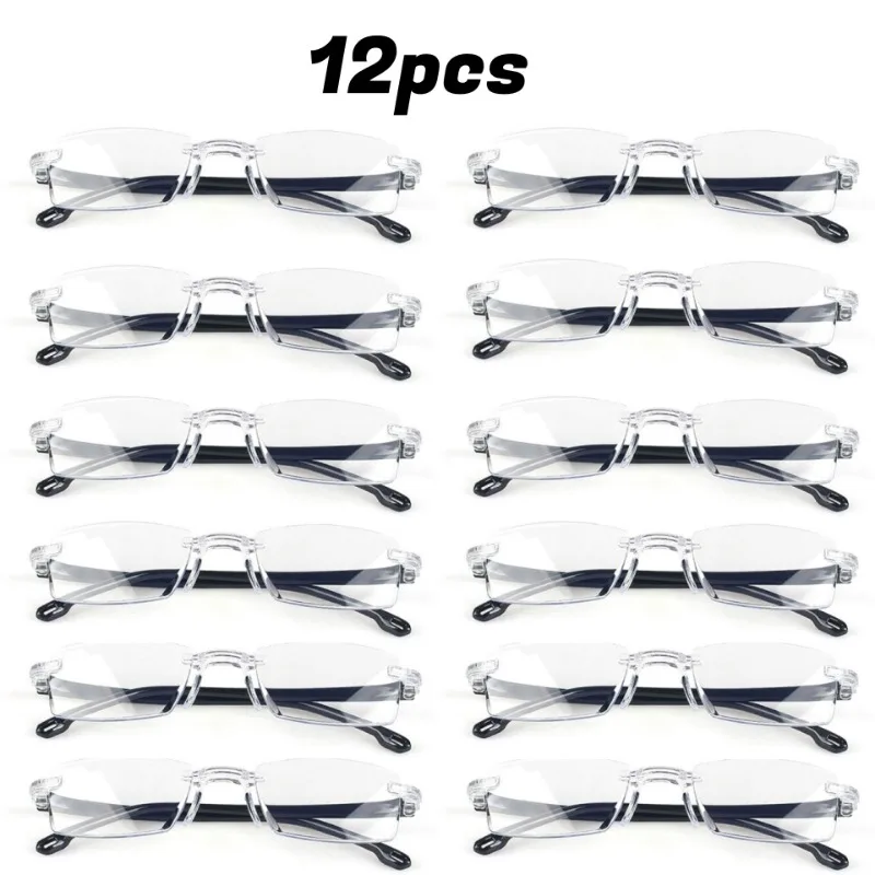 12 Stück rahmenlose Presbyopie-Brillen, ultraleichter quadratischer Rahmen, Herren-Lesebrille, R-Brillengläser, Stärke +100 bis +400