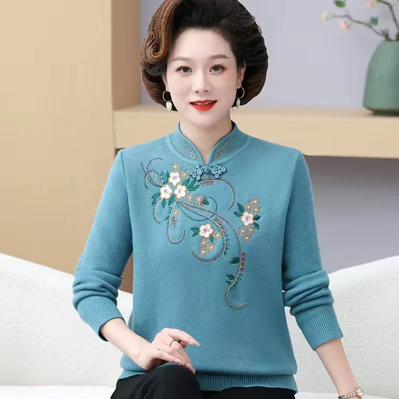 2025Autumn Winter High End Elegant Women Knitted Sweater Thicken Warm Velvet Pullover Large Size Middle Aged Mother Knitwear Top