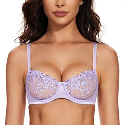 Wingslove Women's Seductive Half Cup Balcony Bra, Embroidery & Sheer Lace, Unpadded Underwire with Cross Convertible Back Straps