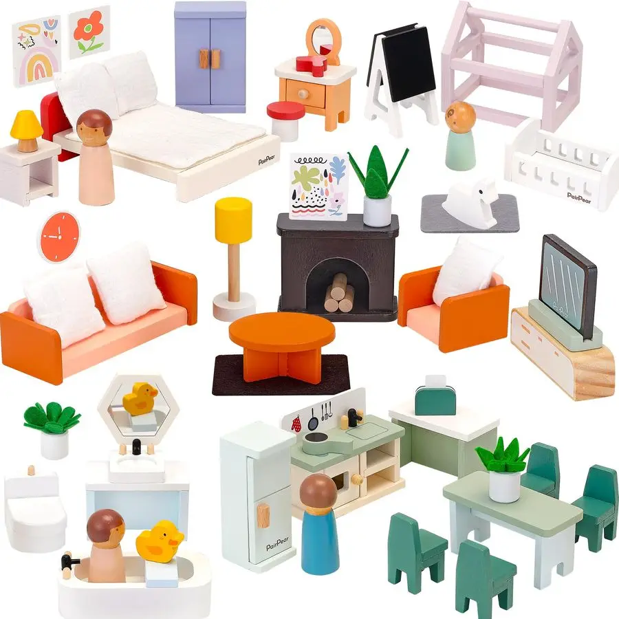 

Wooden Dollhouse Furniture Set,56 Pieces Doll Furnitures with 5 Room Kits Play Fingers,Doll House Miniature Furniture Pretend Pl