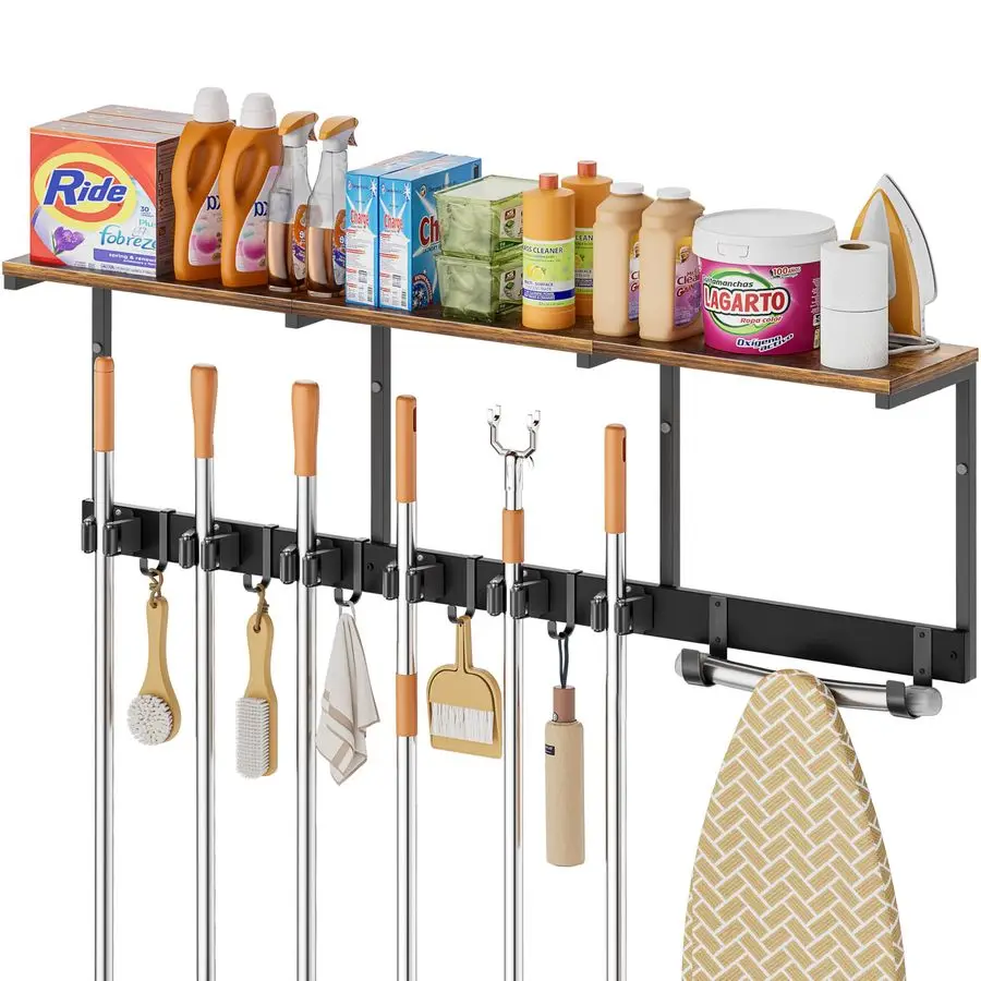 

Настенный держатель-органайзер для чистящих средств, полки для организации и хранения в прачечной с держателем для гладильной доски, держателем для швабры