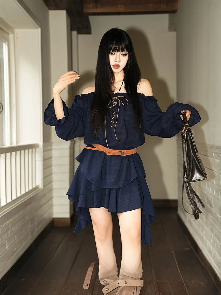 

Retro Half-length Sleeve Shoulder-bow Women's Outfit Set Summer Irregular Flared Skirt Two-piece Set Loose Fit Spring Fashion