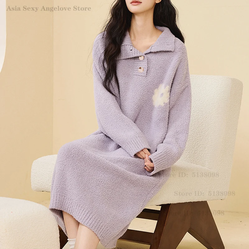 

Thicken Coral Fleece Nightgown Autumn Winter Warm Nightdress Home Clothes Women's Sleepwear Loose Flannel Female Lounge Wear
