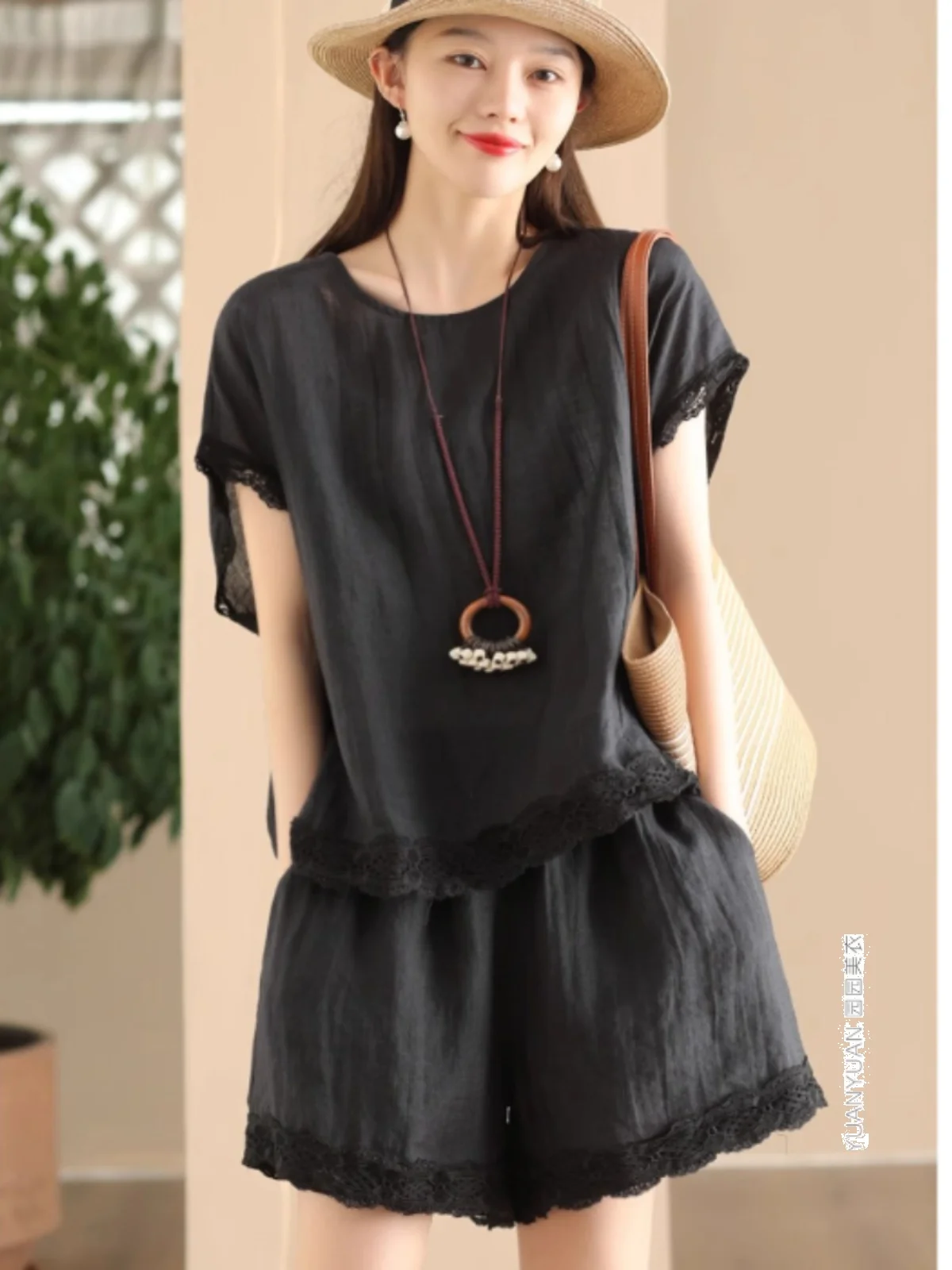Conjunto informal de aodón de manga corta para mujer, plones cortos hoados de pierna ancha, traje de dos piezas de Co...