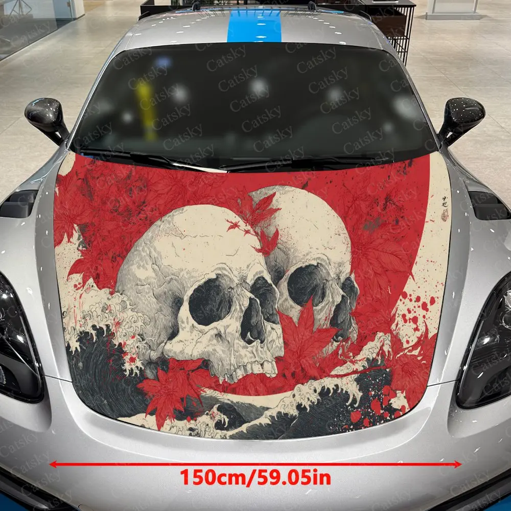 Blood Red Maple Leaf & Skeleton Car Vinyl Wrap, PVC Waterproof Car Hood Sticker, Self-Adhesive Scratch-Resistant Stickers