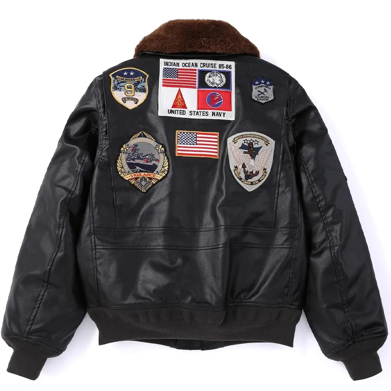 

Men New Autumn Winter Retro G1 Flight Jacket Fur Collar Badge PU Leather Coat Motorcycle Leather Cotton Pad Coat