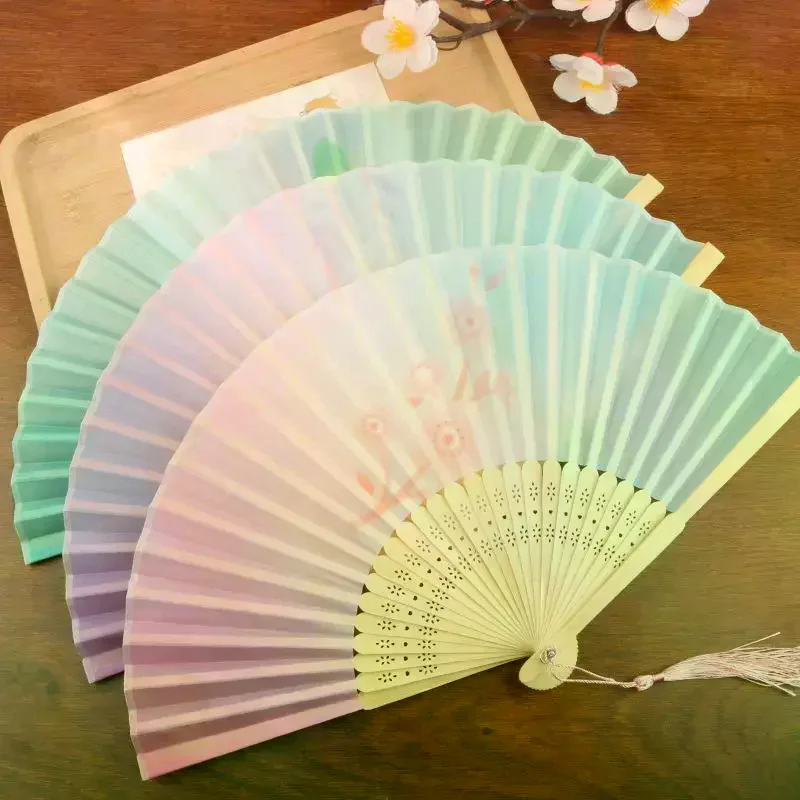 Colorful Butterfly Floral Folding Fan Chinese Style Hand Held With Tassel For Wedding Dance Summer Cooling