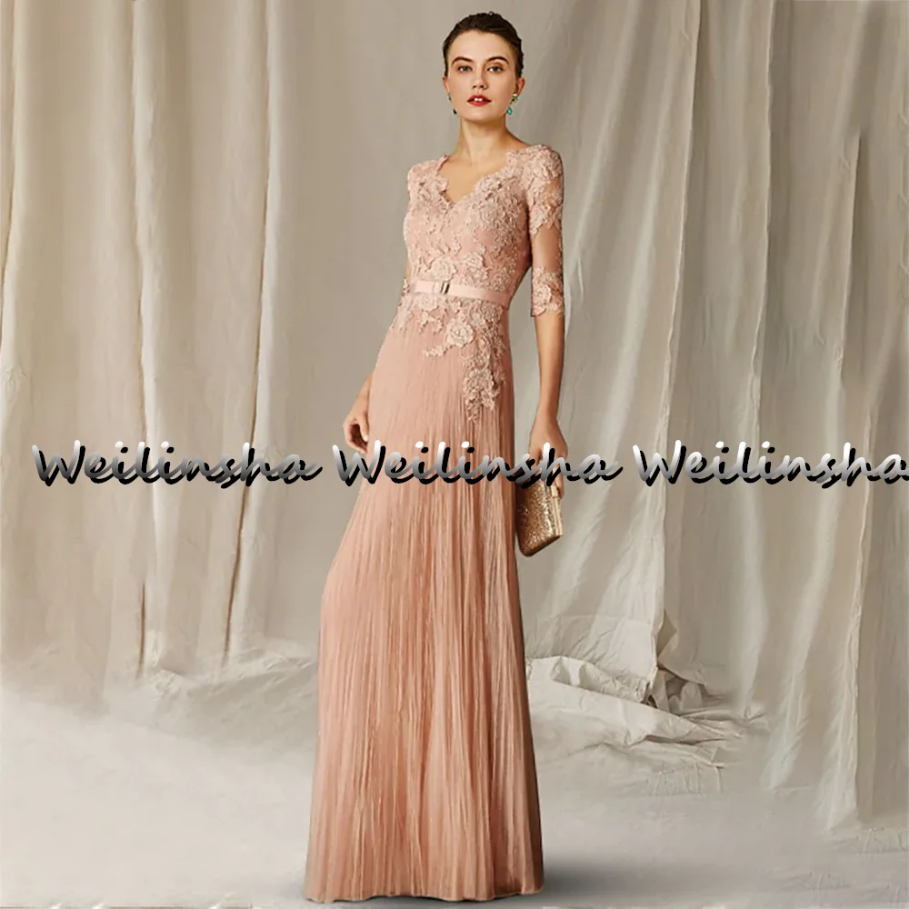 Weilinsha A-Line แม่เจ้าสาว Vintage Coral ลูกไม้ Ruched งานแต่งงานชุด2022เจียมเนื้อเจียมตัว Chiffon ยาว Gowns