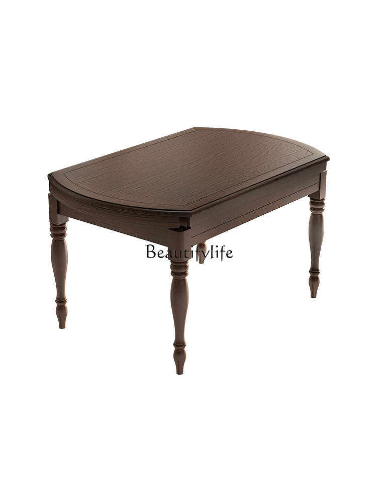 

American retro all-solid wood dining table retractable folding household variable round