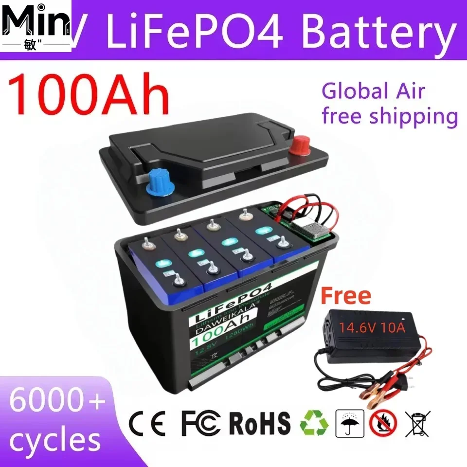 Daweikala 12V 100Ah 1280Wh LiFePO4  Built-in BMS with 14.6V 10A Charger for RV Trailer Motor