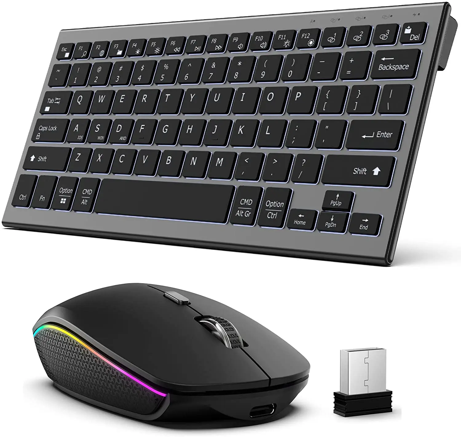 Portable Wireless Keyboard and Mouse Combo 2.4G/Bluetooth Dual Mode Scissor Switch 7 Colors Backlight 3 Level DPI Super Silent