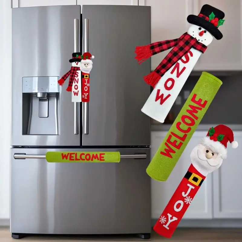 Holiday Refrigerator Pull Covers, 3 Christmas Character Fabric Sleeves That Add Soft Layer Over Frequently Touched B03E
