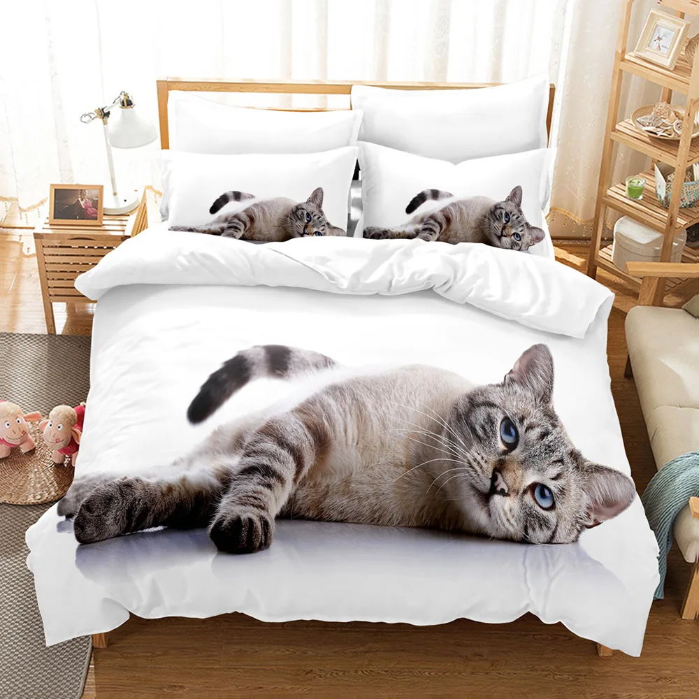 Cute Cat Duvet Cover 3D Animal Bedding Set Pet Kitten Comforter Cover Microfiber Twin Full King For Kids Teen Boys Bedroom Decor