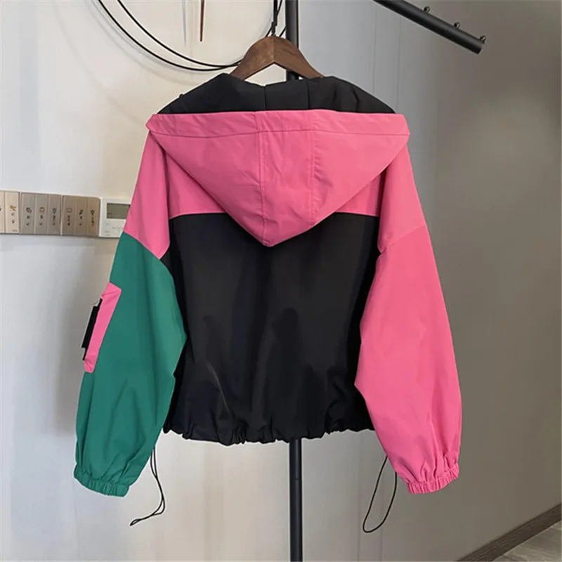 2023 Spring Autumn Women Jacket Patchwork Zipper Fashion Hooded Coat Streetwear Loose Long Sleeve Spliced Bomber Jacket Female