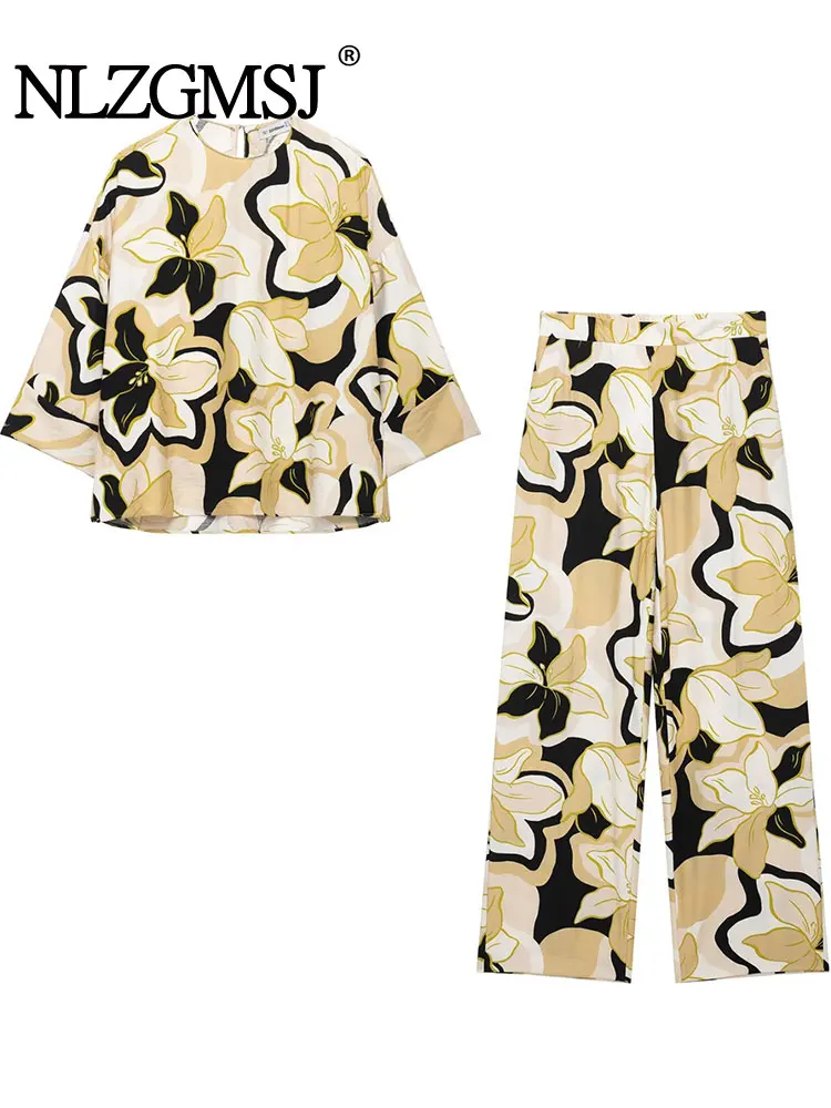 

2025 Spring Casual 2 Pieces Set For Women Printed Wide Leg Pants Sets Loose Long Sleeve Shirt Top Women Outfit ﻿