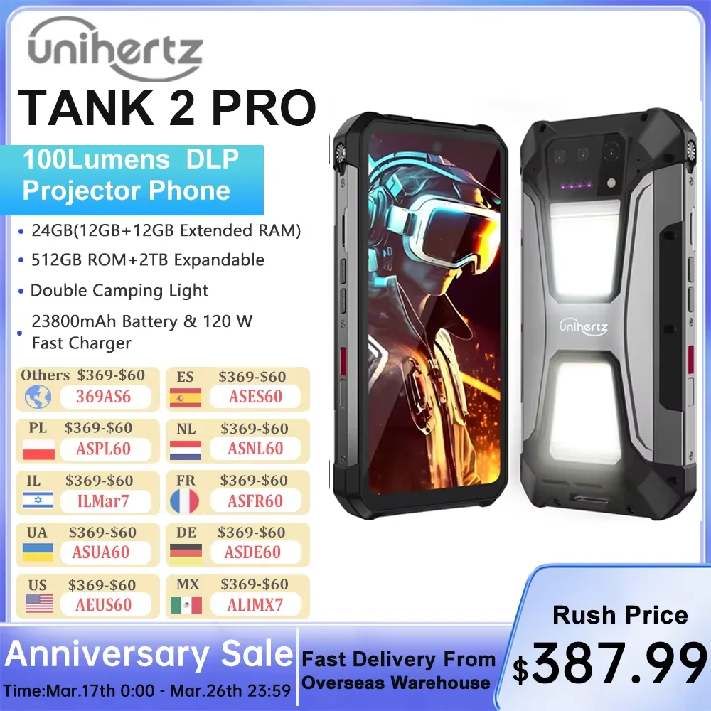 Unihertz tank 2 Pro 8849 rugged phone with projector, 100MP camera, 24GB 512GB, Android 14, 100MP, NFC, Helio G99, 23800mAh , 4G