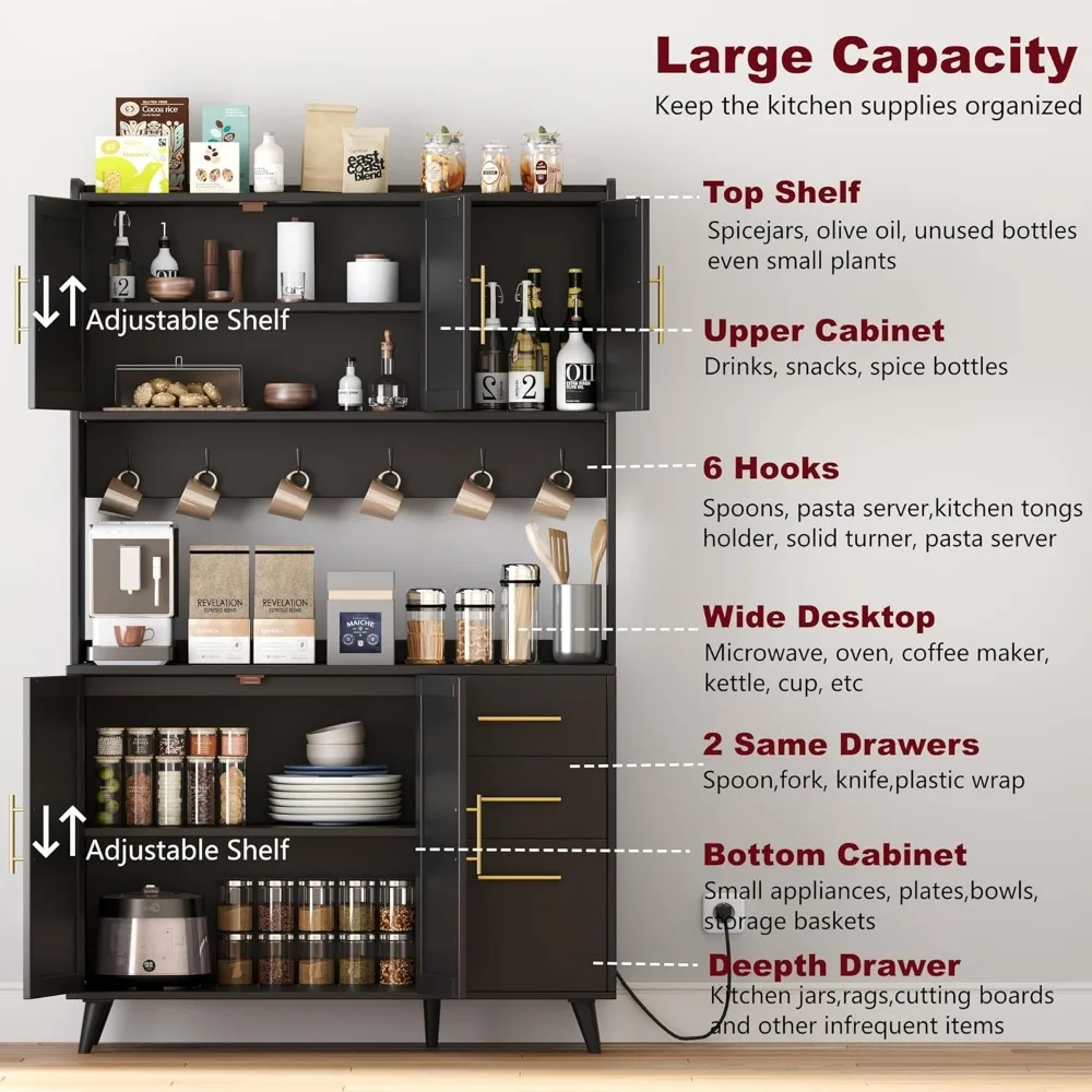 Kitchen Pantry Cabinet with Microwave Shelf, Rattan Freestanding Storage Cabinet with Charging Station,  with Drawers and Doors