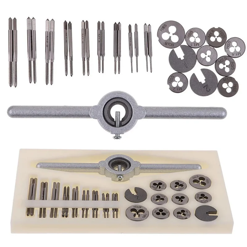 Conjunto de Torneira Métrica M1-m2.5 Torneira Métrica e Morrer Rosca Plugues Torneiras Hss Aço Mão Parafuso Torneira Morrer Chave Conjunto Ferramentas Manuais 31 Peças